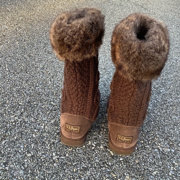 LL Bean Women's Brown KNIT/SWEATER TALL BOOTS Size 7 Faux Fur Tassel Tie GUC - Picture 7 of 10